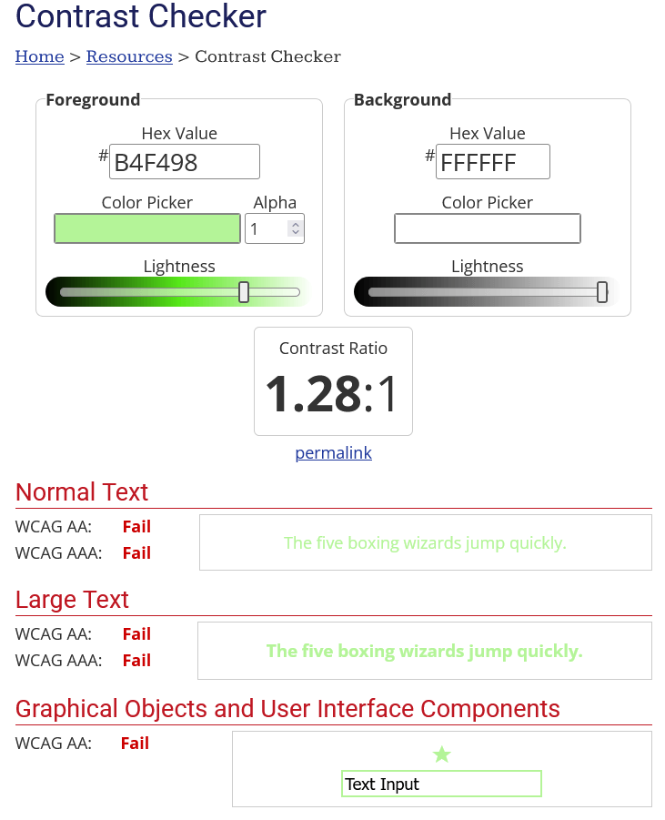 picture of webAim's contrast checker in comparing two different hex values