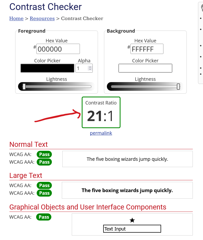 picture of webAim's contrast checker in comparing two different hex values