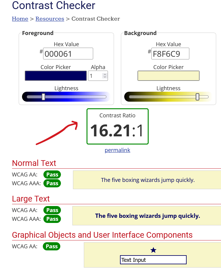 picture of webAim's contrast checker in comparing two different hex values