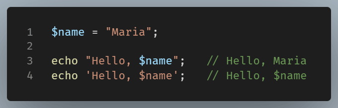 Example of how double and single quotes treat content differently.