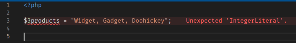Example of how creating a variable name starting with a number result in a warning.