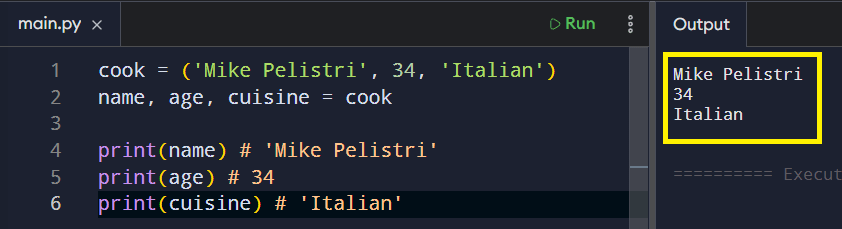 We can unpack tuples just like lists.