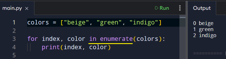 Example showing how enumerate handles the counting.