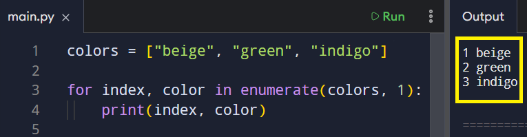 Example with a custom starting index