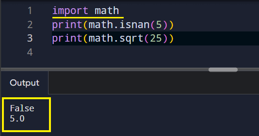 Example of using build-in functions after importing the math module.