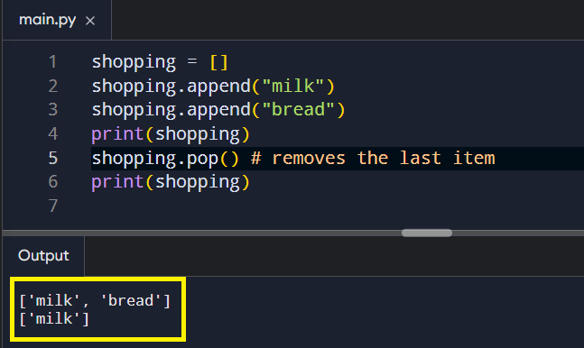 Example of adding and removing elements in a list with append() and pop() methods.