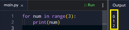 Code creates a sequence of numbers ranging from 0 to 2. The number 3 is excluded because the stop argument does not include it.