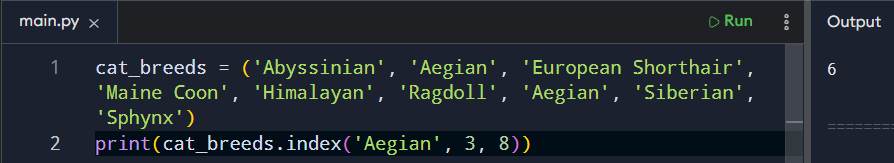 Example of using the index() method by including optional start and stop index arguments.