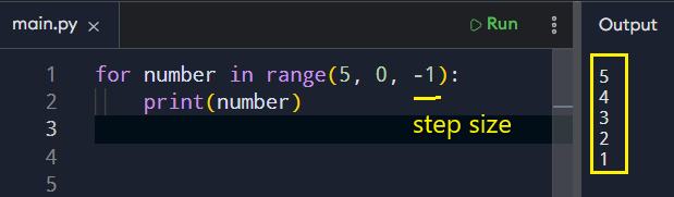 Counting backwards using a negative step value.