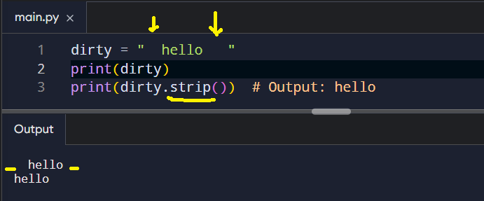 Example of removing leading and trailing spaces with the strip() method.