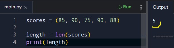 Example of len() function returning the total number of items in the tuple.