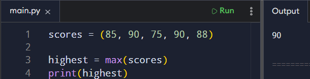 example of max() function finding and returning the largest value in tuple.