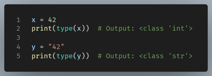 Example of checking data types with the type() method.