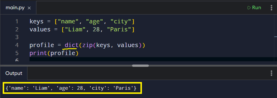 Example of using zip() to build a dictionary.