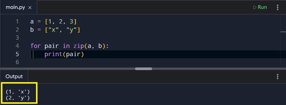 Example of how iterable with different lengths works with Zip function.