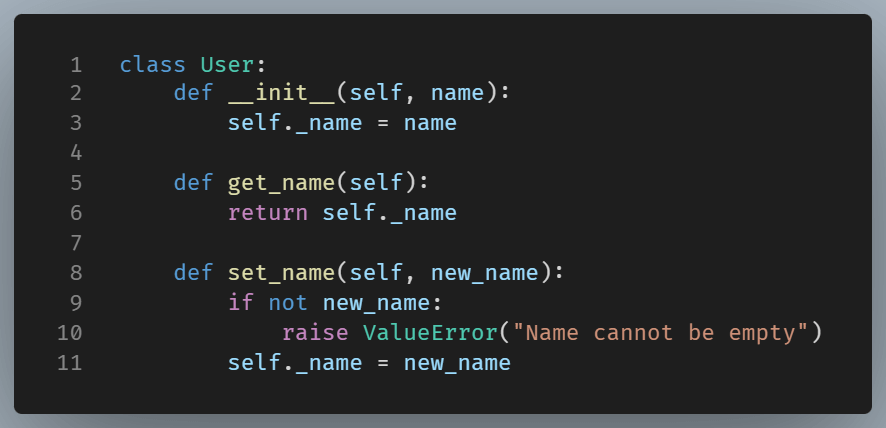 Adding a setter method to the previous example used to change a user’s name.