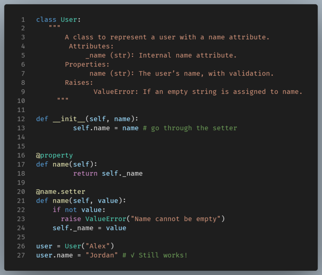 Python User class using @property and a setter to validate that the name is not empty, demonstrating backward compatibility and controlled attribute access.