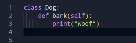 Python class Dog with a bark method that prints the word “Woof”.