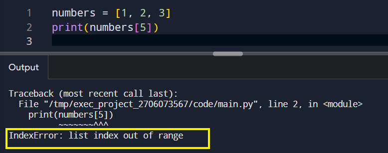 Python code attempts to access numbers[5] from a list of three elements, resulting in an IndexError stating list index out of range.