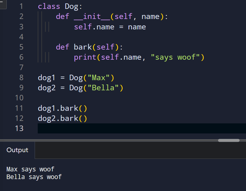 Full Python example showing a Dog class with a name property, a bark method, two objects, and printed output.