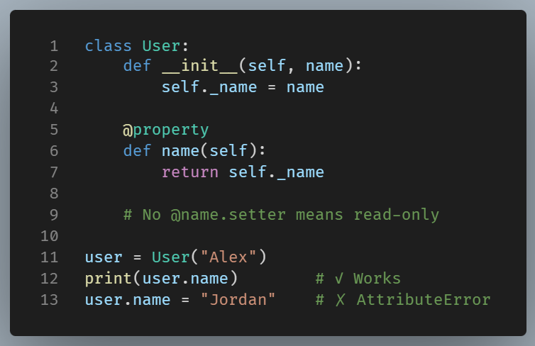 Python class User demonstrating a read-only property using @property, where name can be accessed but not modified because no setter is defined.