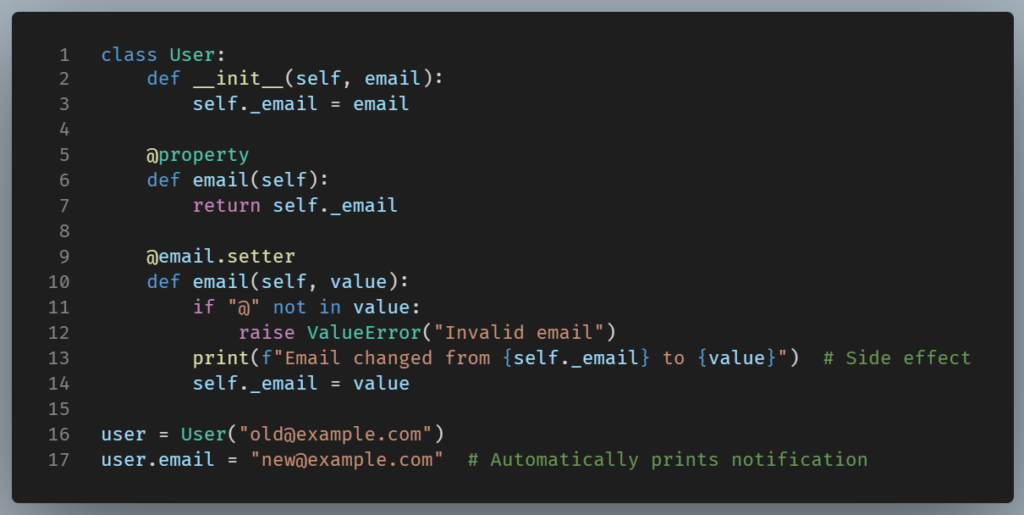 Code snippet of a User class with a private _email attribute and an email property using @property and @email.setter. The setter validates that the value contains