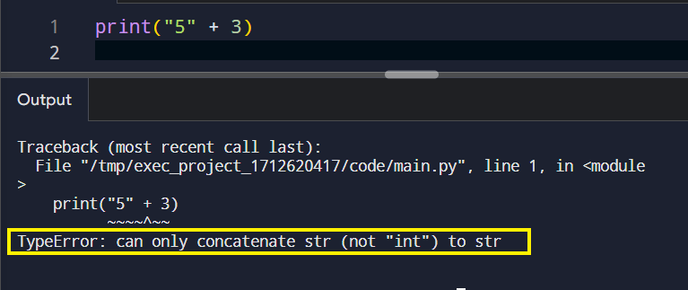 Python code attempts to add a string and a number, resulting in a TypeError.