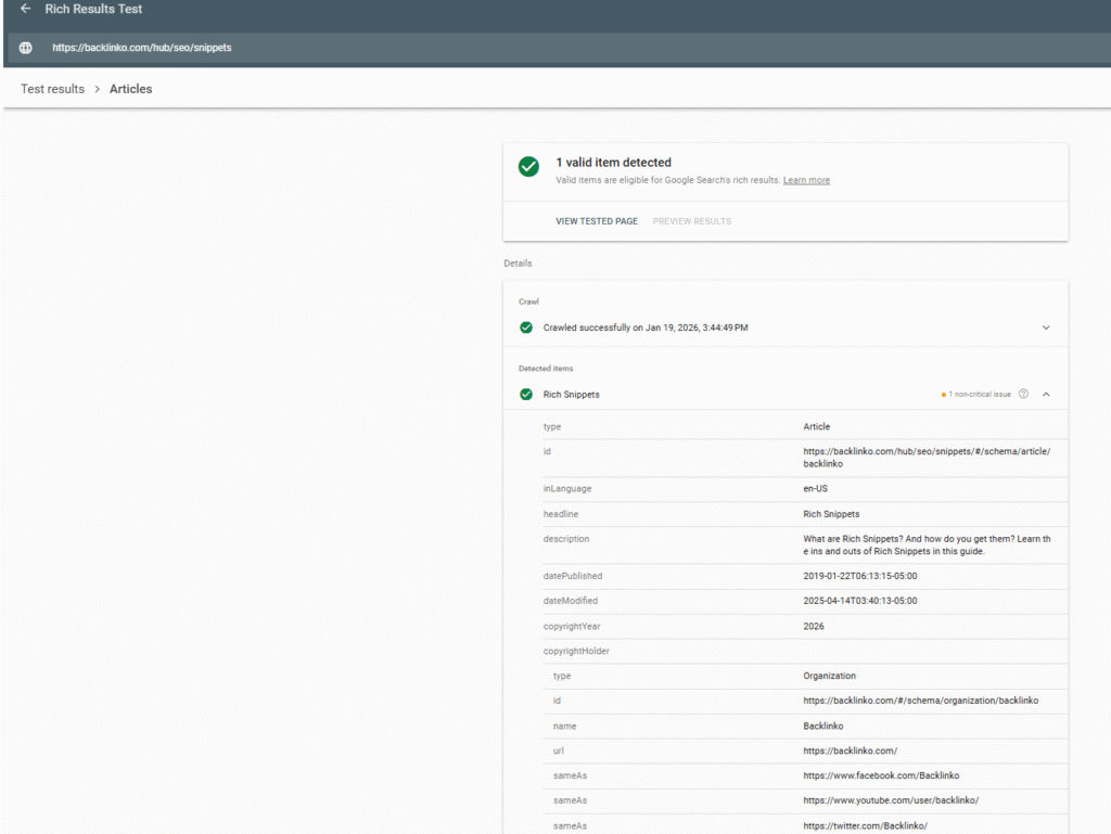 Example of validating eligibility of an item for Google Search's rich results.