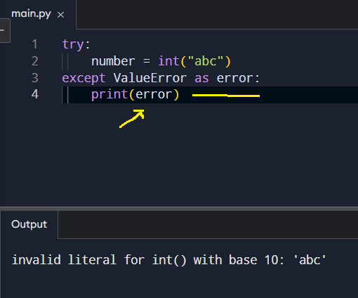 Example of assigning the caught exception to a variable using the as keyword.
