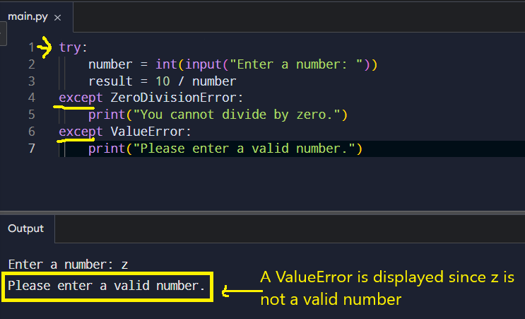 Example of using separate except clauses.