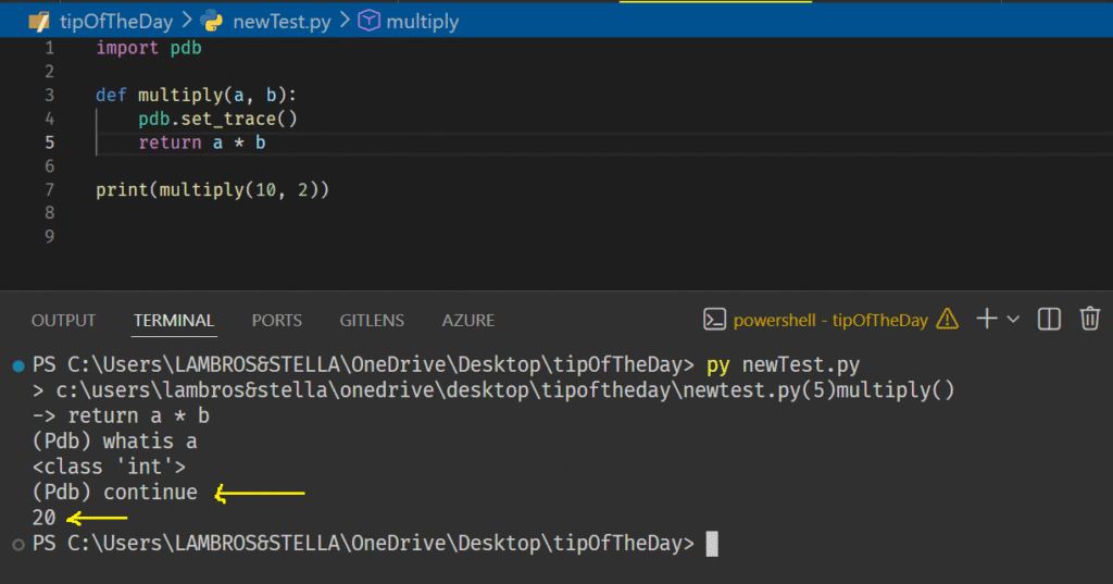 VS Code editor displays a Python script defining a multiply(a, b) function with pdb.set_trace() before return a * b. The terminal shows the debugger paused at the return line. The user runs the command whatis a (showing <class 'int'>) and then enters continue, after which the program resumes and prints the result 20.” class=”wp-image-7259″/></figure><p></p><p>By typing “<em>help</em>” into the <strong>prompt</strong>, you’ll see <strong>a list of all the commands</strong> at your disposal.</p><figure class=