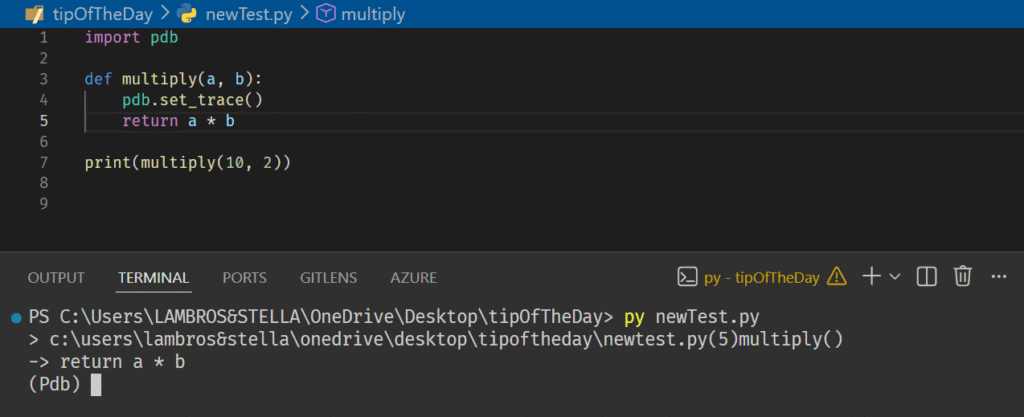 VS Code editor showing a Python file that imports pdb and defines a function multiply(a, b) containing pdb.set_trace() before the return statement. The script calls print(multiply(10, 2)). The terminal shows the program execution paused inside the debugger at the line return a * b, waiting for user commands in the (Pdb) prompt.