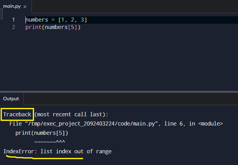 Example of Python stoping the program and printing a traceback.