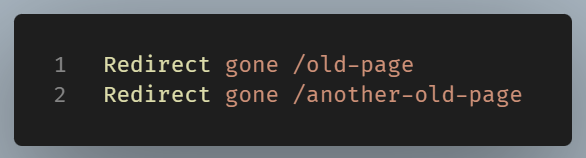 Example of .htaccess 410 gone redirect rules.