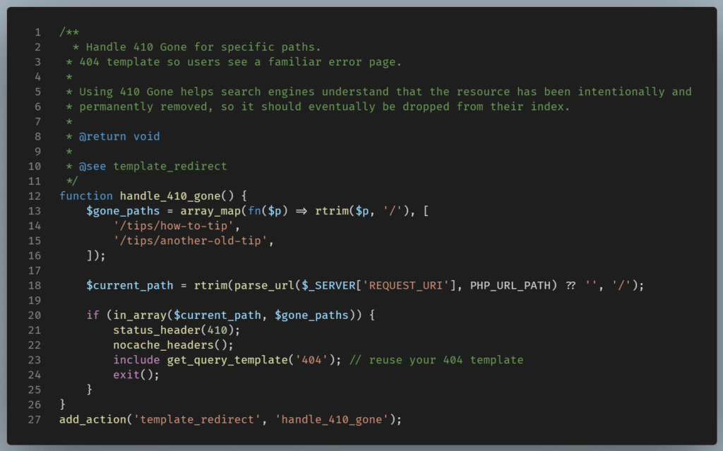 The exact function to use in the functions.php page in order to trigger a 410 gone response when deleting specific pages/posts.