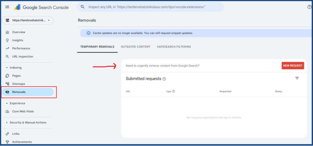 Depicting the Removals section on Google Search Console.