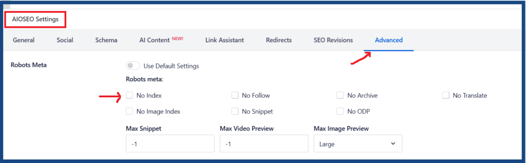 Example of using the AIOSEO plugin for noindexing a post.
