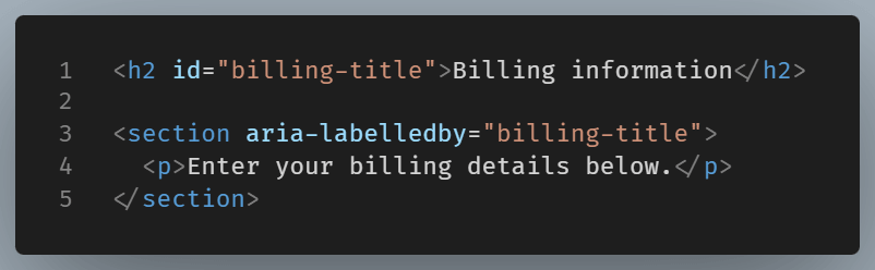Code example showing a section labelled by a visible heading using aria-labelledby=