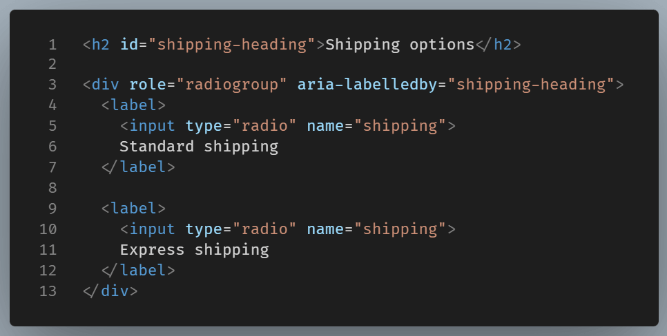 Code example of a radio group labelled by a visible heading using aria-labelledby=