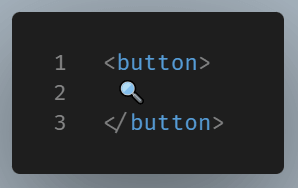 Code example of a search icon button without an accessible label, showing only a magnifying glass symbol.
