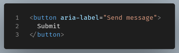 Code example showing a button with visible text “Submit” but an aria-label=