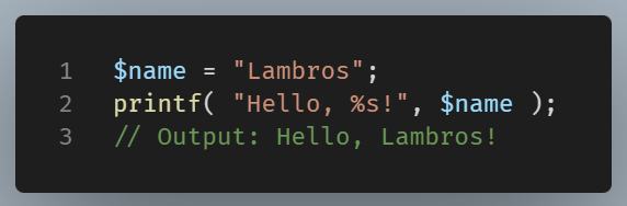 PHP printf() example assigning the string