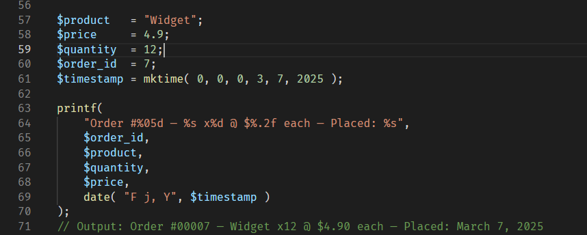 Practical PHP printf() example formatting an order summary with variables for product name, quantity, price, order ID, and formatted date output.