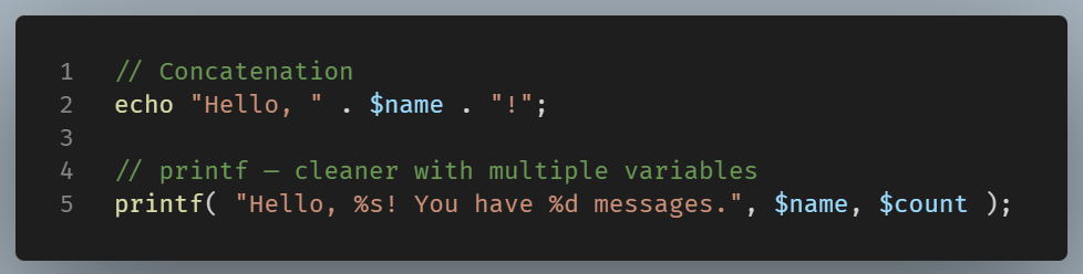 Comparison between PHP string concatenation and printf(), showing how printf() handles multiple variables more cleanly using %s and %d placeholders.