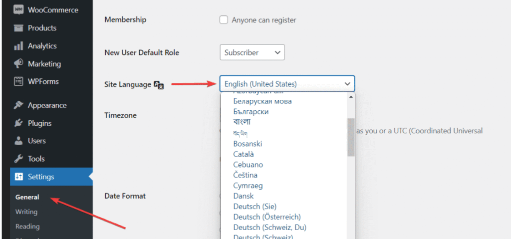 Picture of the wordpress admin settings pointing where to set language with arrows.