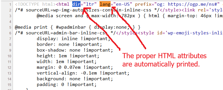 Image of the respective source code showing how the language_attributes() has automatically creates lang and dir attributes.