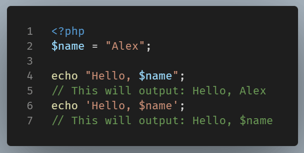 Example comparing two strings. The one inside double quotes and the second inside single quotes. It show how we cannot implement string interpolation inside the latter. 