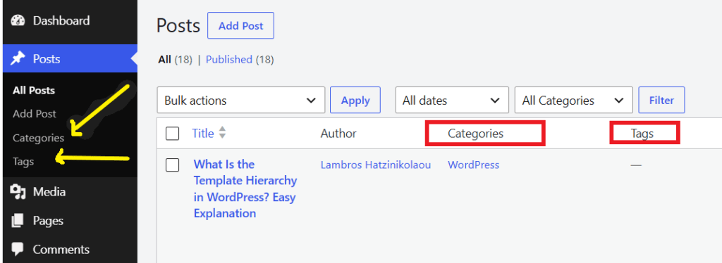 Showing the default taxonomies in a WordPress dashboard.