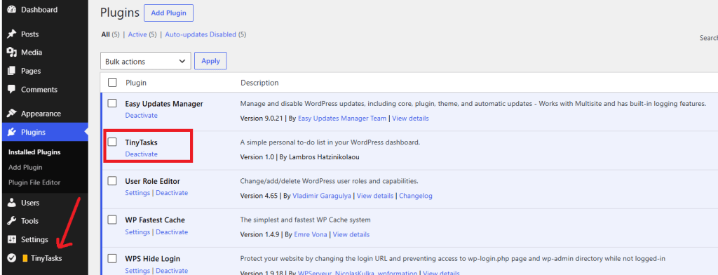 Image of the Plugins page within the WordPress dashboard
