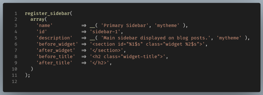 Example of using the register_sidebar() function to register a widget area.